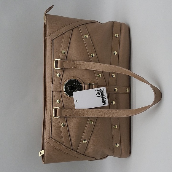 1496- LOVE MOSCHINO Milano Bag Nat Grain Leather Taupe Genuine Leather NWT - Picture 4 of 12